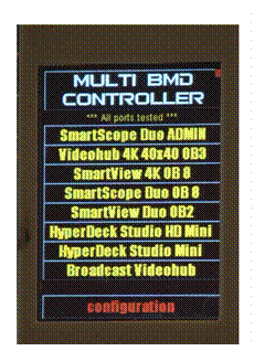 Text Box:  
The Multi BMD controller Home Screen. 
It can control up to 8 mixed devices at the same time. 
There are no buttons or knobs, just a single touch screen display allowing for soft button and slider adjustments. 
It can even operate using POE (if fitted), so no need to run power. Just a single network cable.


And, you can build it yourself!

